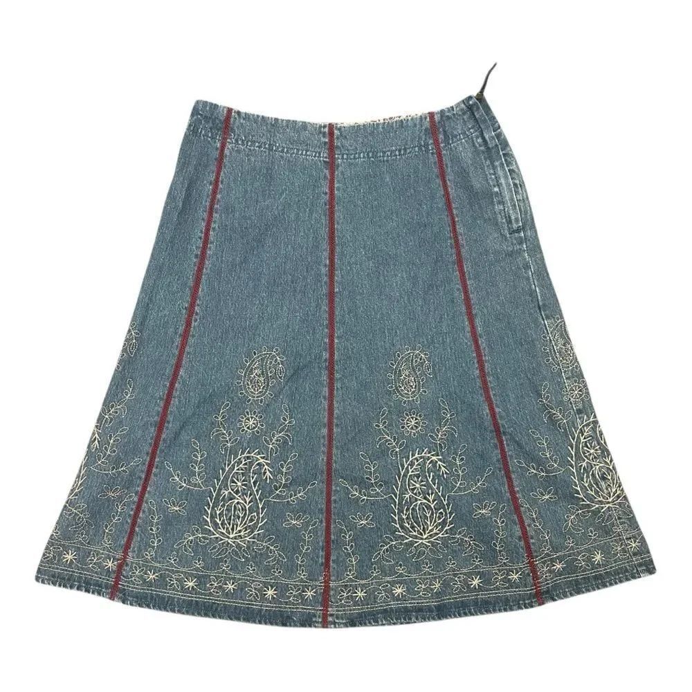 Liz Claiborne Embroidered Denim Red Jean Skirt Sz 2P 90s Y2K A-line Modest